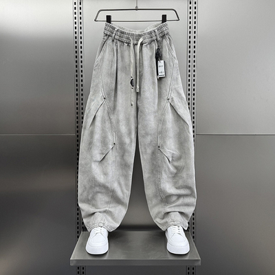 2025秋冬加绒美式休闲痞帅脏洗工装裤男直筒宽松抽绳百搭阔腿裤子