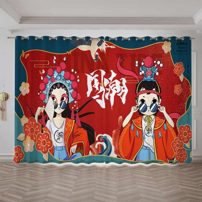 2023新款国潮京剧个性饭厅棋牌室麻将馆隔断装饰背景遮光窗帘沙帘