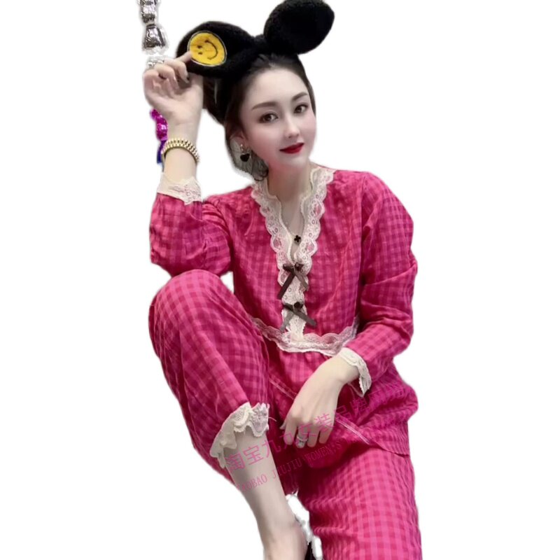 韩版格子家居服套装女士秋季甜美蕾丝花边V领长袖睡衣长裤两件套