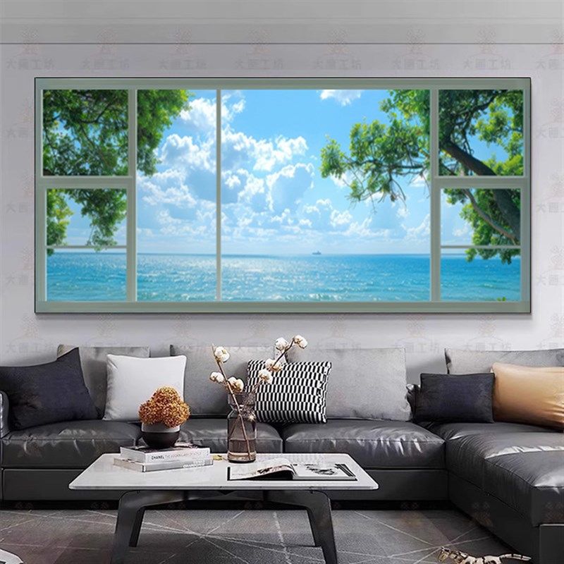 开窗挂画大幅大海空间延伸感开假窗户风景壁画客厅沙发房间装饰画