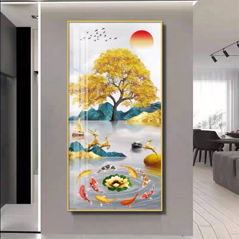 轻奢九鱼图钻石画2025新款满钻玄关竖版粘钻十字绣钻石绣入户风景