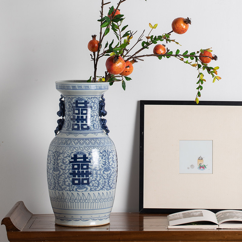景德镇青花喜字花瓶 家居客厅青花瓷装饰品 插花瓷器中式陶瓷摆件