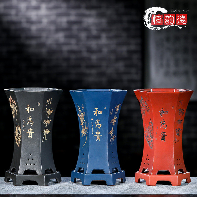 紫砂花盆兰花盆陶瓷盆景盆带底座君子兰盆六方束腰家用兰草专用盆