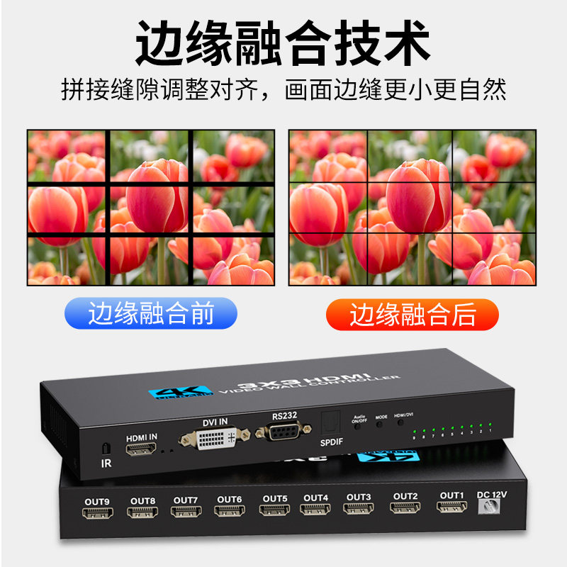 影片画面拼接屏分配器多屏宝3X3hdmi1进9出九个显示器屏幕拼成一