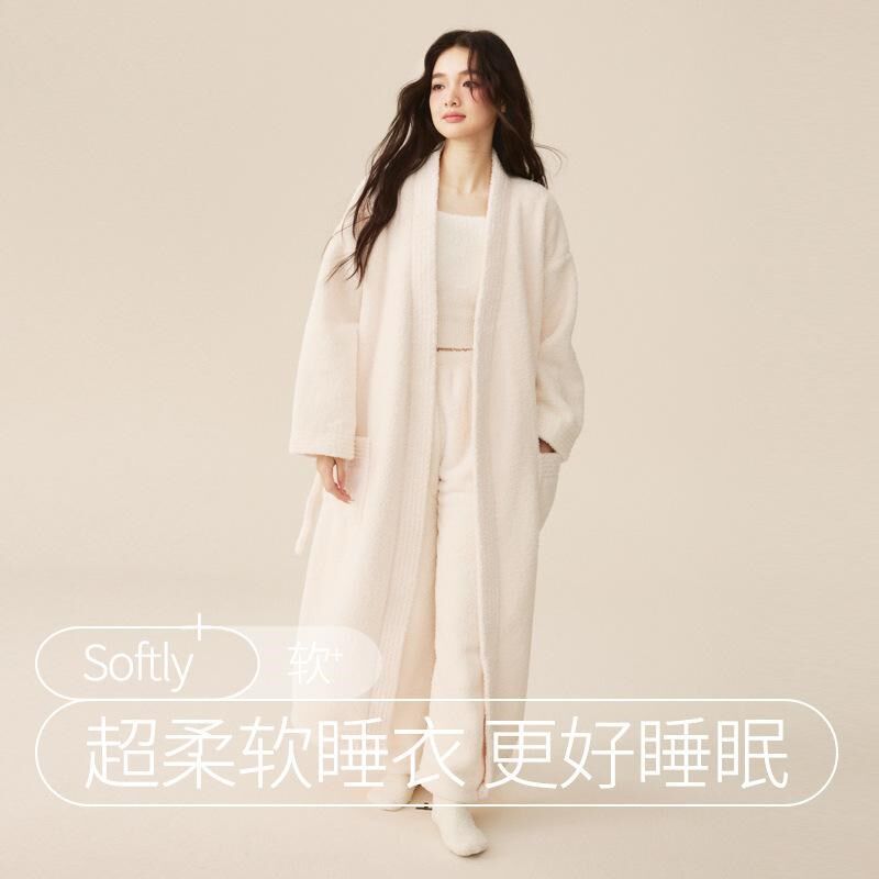 秋冬季女士睡衣半边绒加长厚睡袍珊瑚绒套装晨浴袍情侣睡袍男生