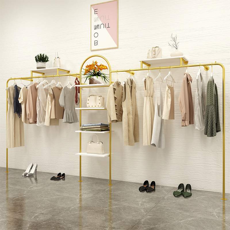 简约金色服装店展示架上墙落地式女装带正挂置物架靠墙衣架货架