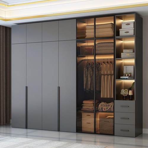 全实木衣柜家用卧室小户型收纳玻璃门新款壁橱组装玻璃门
