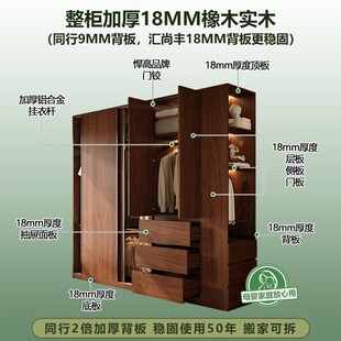 中古风全实木可定制衣柜家用卧室胡桃色推拉门免拉手衣橱大容量