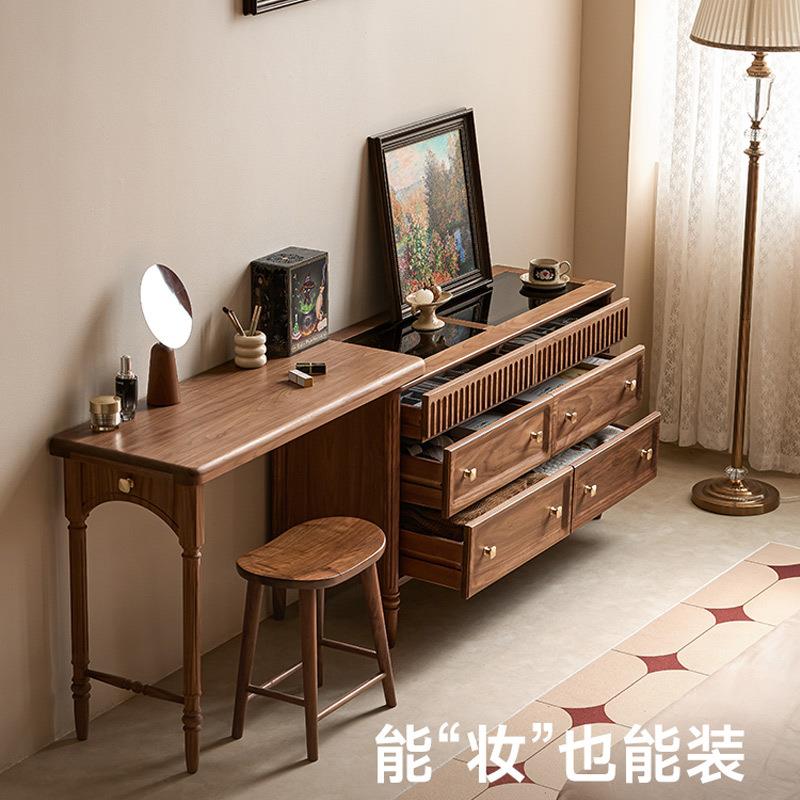黑胡桃实木梳妆台斗柜一体法式复古可伸缩卧室中古化妆桌