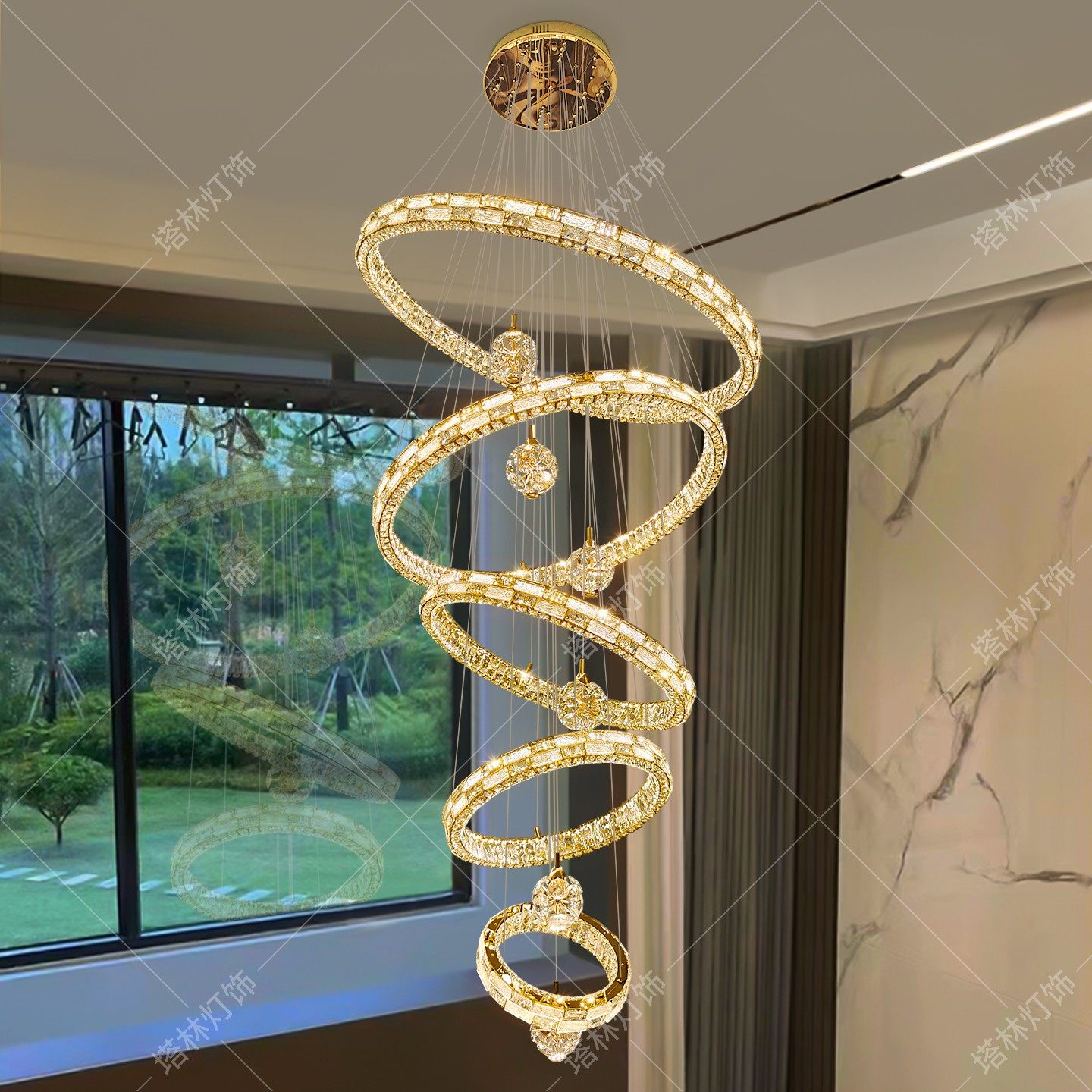 塔林双层条格三面水晶内外发光别墅复式楼平安果挑高客厅别墅吊灯,家装灯饰光源,客厅吊灯,淘宝优惠券,粉丝福利购,淘宝优惠卷