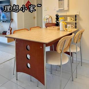 复古风高级感哑光岩板餐桌包豪斯不锈钢中古长方形客厅实木饭桌子