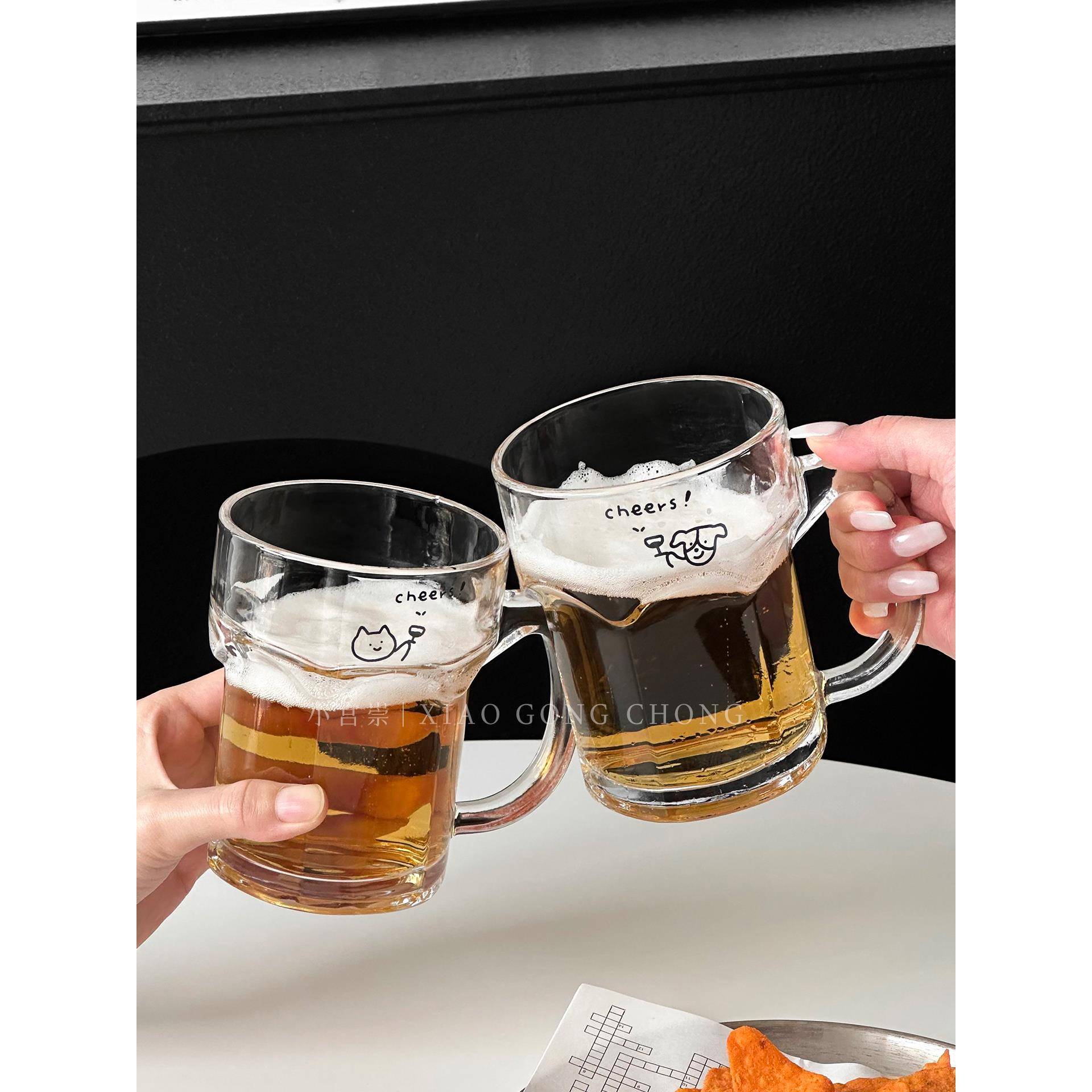 原创小猫扎啤杯大容量玻璃杯子家用带把精酿啤酒杯果汁杯咖啡杯