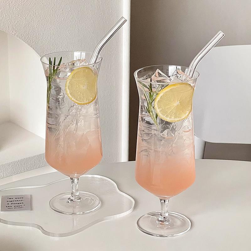 高脚果汁杯家用创意反口玻璃杯鸡尾酒杯果茶苏打气泡水杯饮品杯子