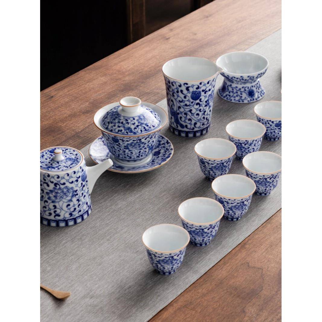 功夫茶具套装青花瓷整套简约家用品茗彷古白瓷覆古满彩釉下彩礼品