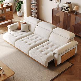 棉麻功能沙发床雪尼尔日式奶油风电动伸缩直排猫抓布布艺沙发新款