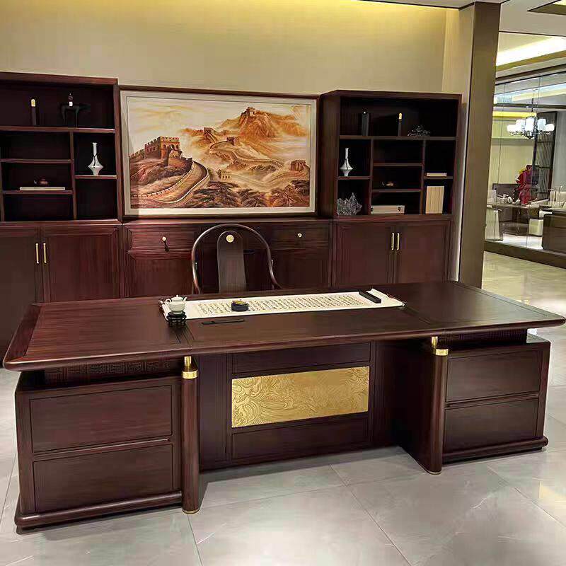 新中式老板桌实木办公桌黑胡桃木总裁桌轻奢高级感董事长大班台