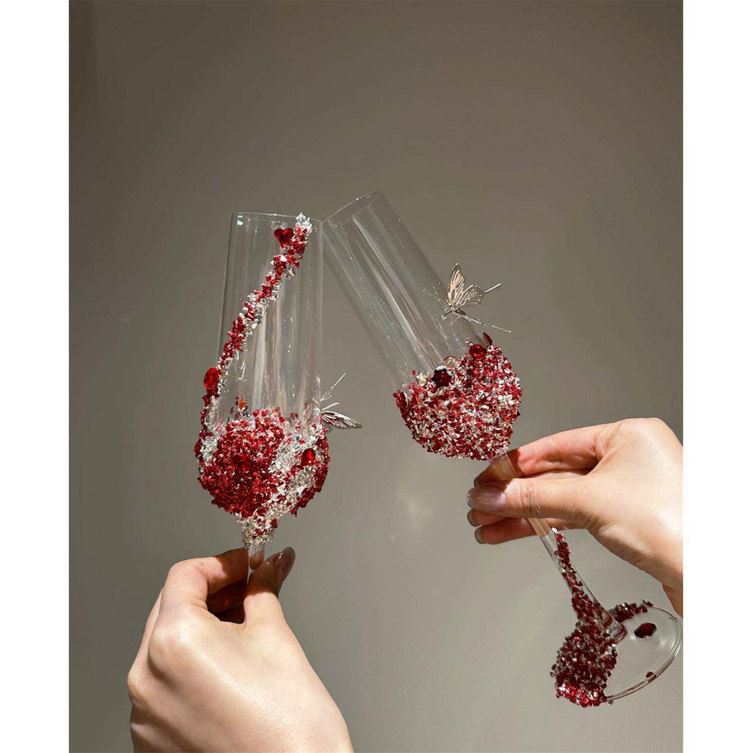 结婚蝴蝶香槟手工diy酒杯敬酒杯一对成品新郎新娘敬酒杯成品