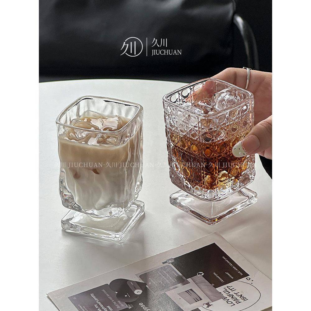 中古小众矮脚杯创意方形玻璃杯水杯咖啡杯微醺酒杯果汁杯鸡尾酒杯