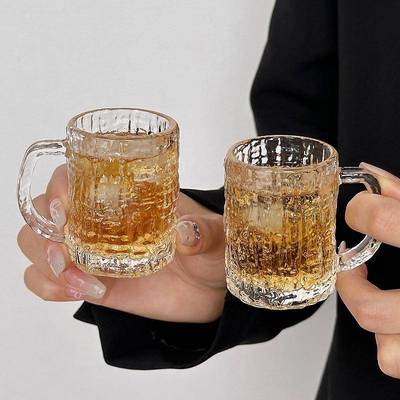 迷你ins创意家用带把手玻璃树纹一两杯白酒杯小酒杯一口杯茶杯