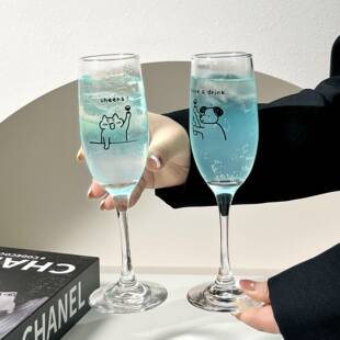 原创喝酒小狗玻璃酒杯高颜值高脚香槟杯女生气泡水果酒鸡尾酒杯子