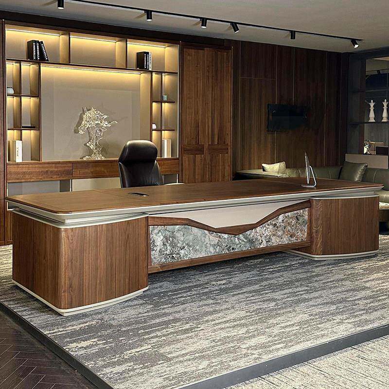 新中式办公桌总裁老板桌岩板现代简约轻奢高级感总经理实木大班台
