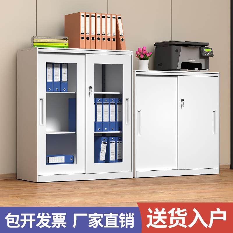 办公室铁皮文件柜资料档案柜玻璃移门书柜储物柜白色密码锁小矮柜
