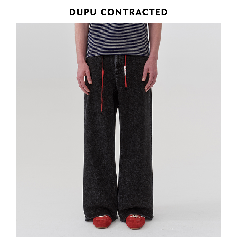 DUPU直筒阔腿牛仔裤刺绣腰绳设计