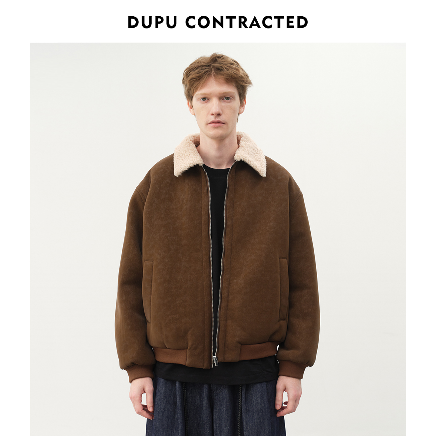 DUPU杜朴 皮毛一体短款翻领夹克 PU仿真皮质感毛绒领外套