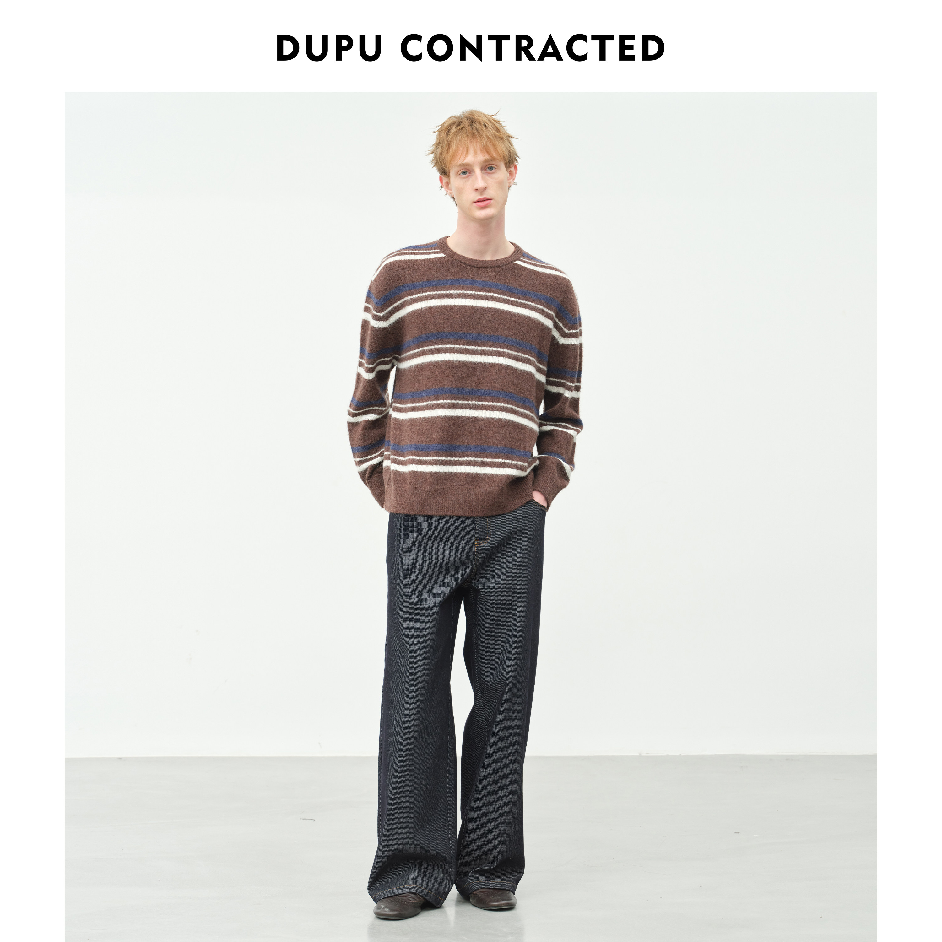 DUPU杜朴 绵羊毛轻盈撞色条纹圆领毛衫 新年红色氛围休闲穿搭