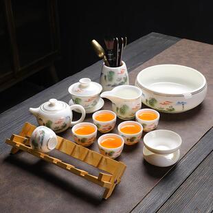 功夫泡茶壶盖碗陶瓷小茶杯带杯架 整套羊脂玉白瓷茶具家用简约中式