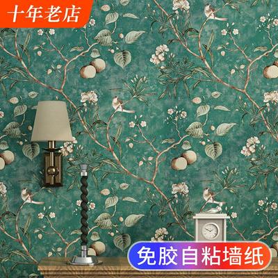 自贴墙纸自粘家用纺布墙贴纸卧室温馨房间美式田园复古花鸟