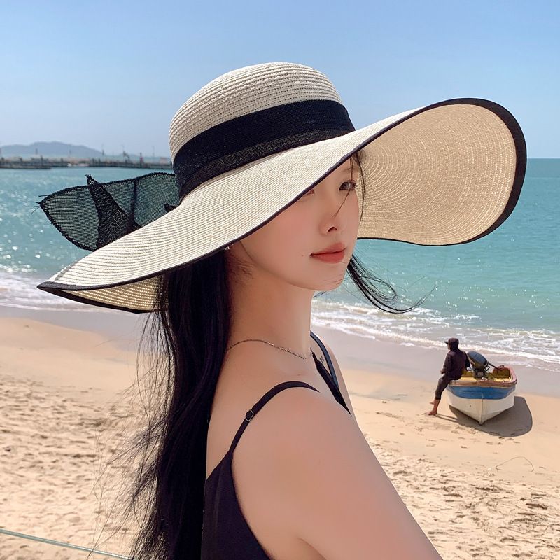 草帽夏天夏季防晒超大帽檐遮阳帽沙滩海边度假太阳帽子可折叠