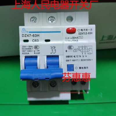 上海人民电器开关厂2P 63A漏电开关家用40A保护器220V两相电32