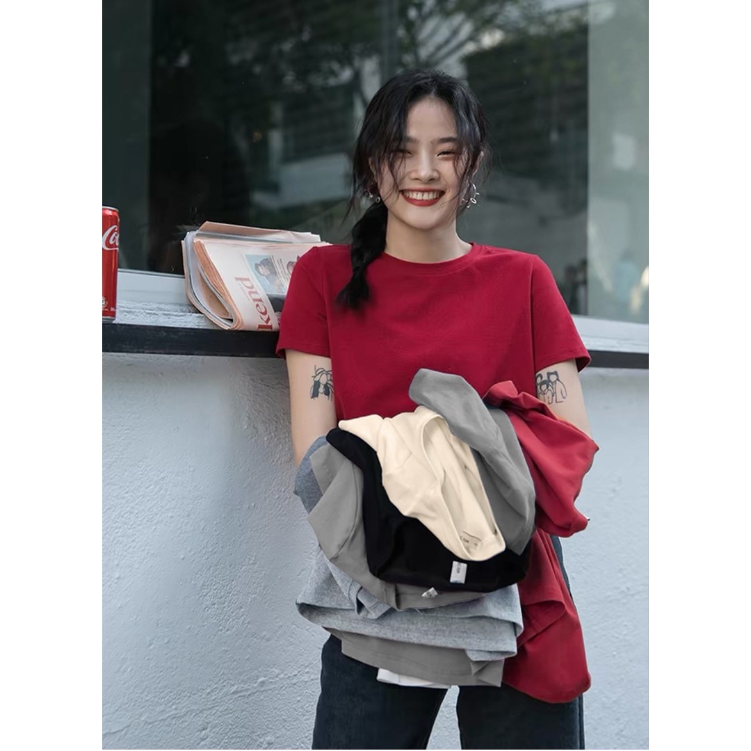韓衣七2024款顯瘦美式復(fù)古正肩圓領(lǐng)純色小飛袖休閑短袖t恤百搭