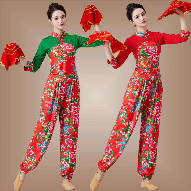 广场舞服装新款东北大花布衣服女秧歌手绢舞蹈服套装二人转演出服
