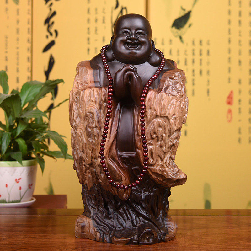 黑檀实木雕刻弥勒佛根雕摆件大号笑佛工艺红木家居玄关装饰