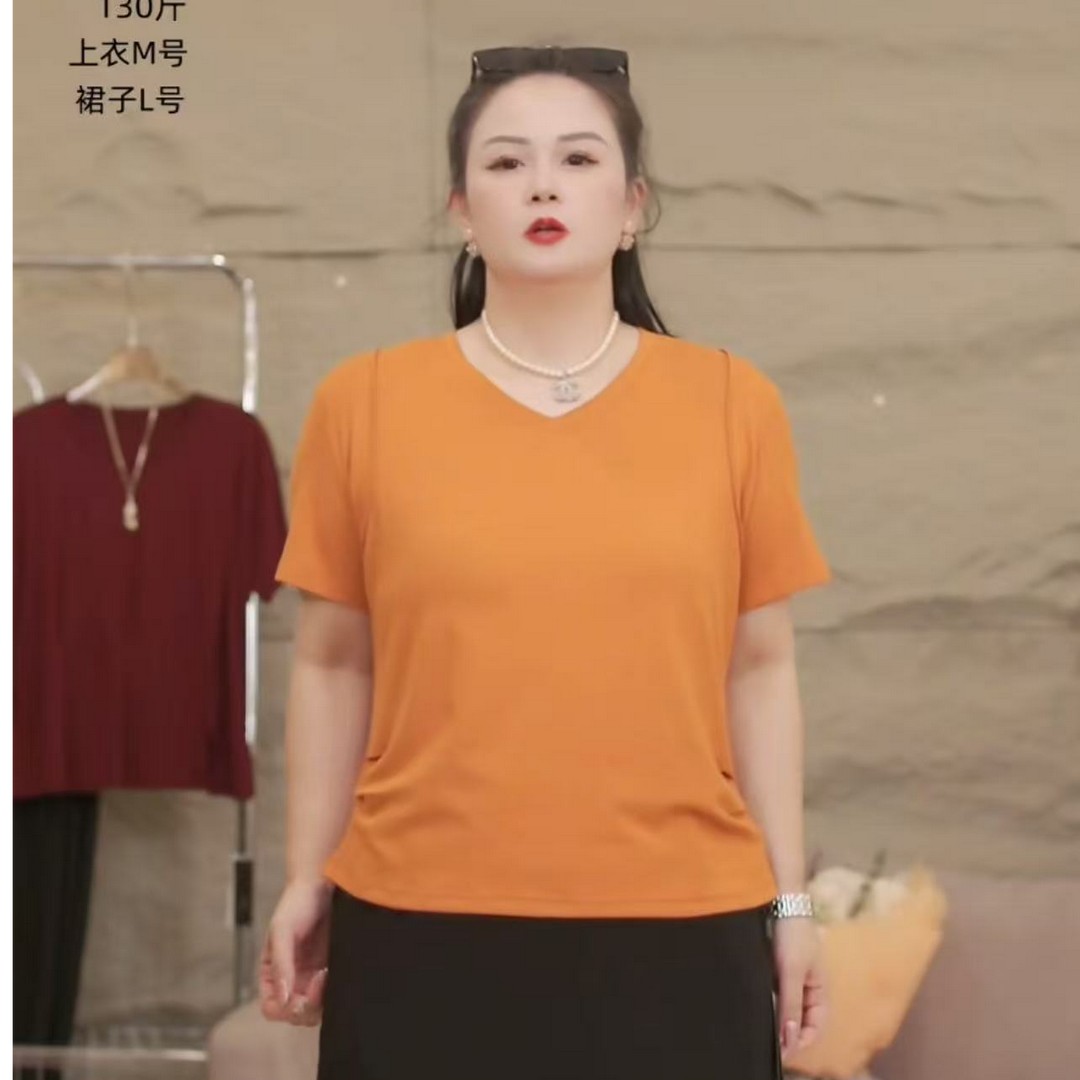 现货【V领.短袖】大简约精梳棉双侧压褶大码微胖显瘦t恤女韩版短