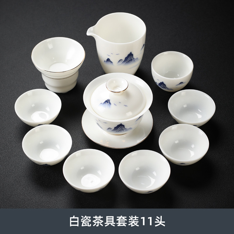 手绘羊脂白玉瓷茶杯办公室会客整套盖碗定制logo功夫茶具套装