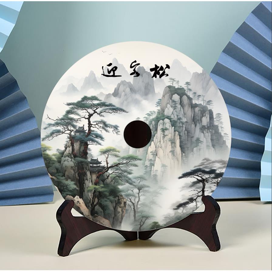 玉石平安扣迎客松摆件入户玄关办公室前台装饰品客厅边柜2023新款