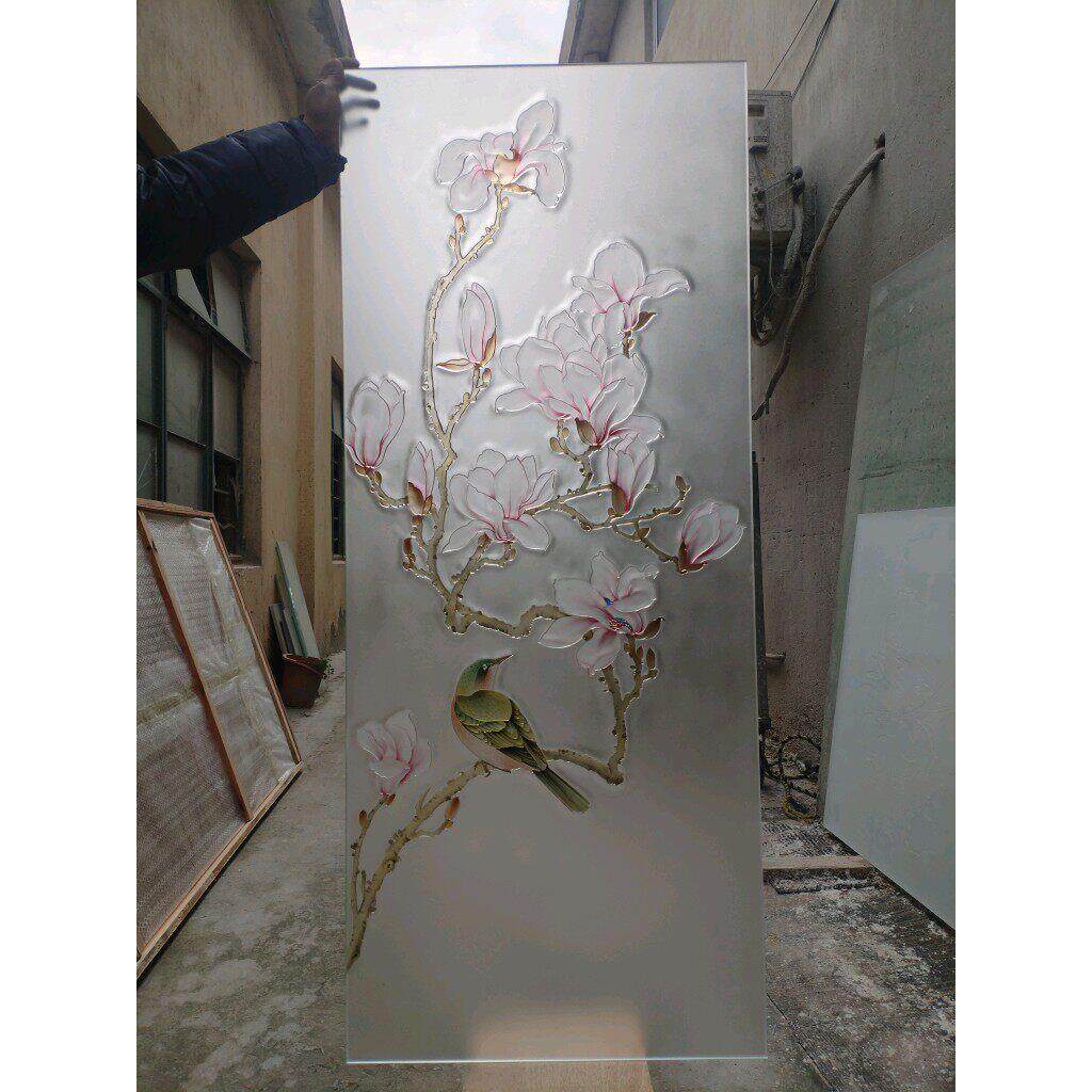 定制钢化艺术玻璃隔断屏风玄关客厅入户门厅玄关隔断玻璃花鸟