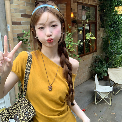 美式辣妹黄色纯色斜肩短袖t恤女