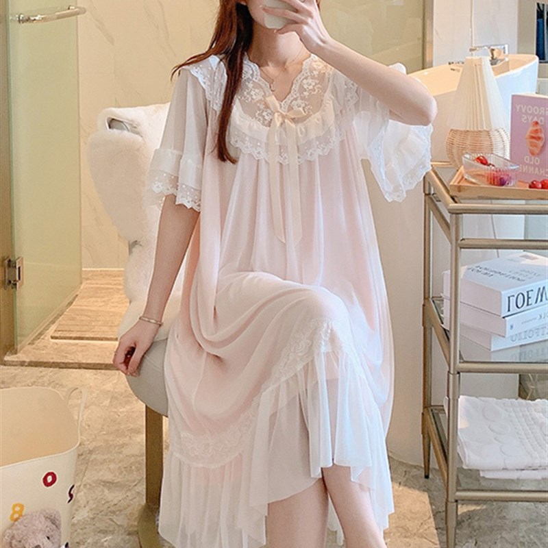 夏季莫代尔法式宫廷风睡裙女蕾丝短袖睡衣白色春夏秋季公主家居服
