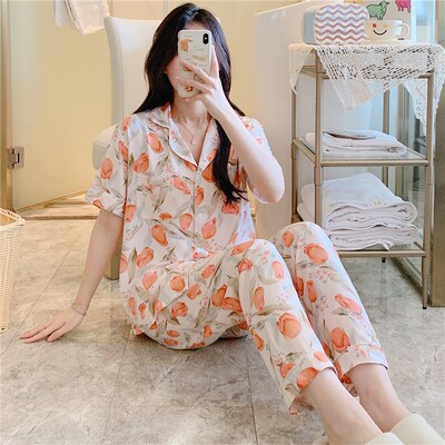 棉绸睡衣女夏款短袖长裤人造棉中老年妈妈款家居服绵绸套装薄大码