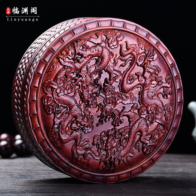 红木首饰盒手串盒红酸枝圆形双龙戏珠首饰盒浮雕红木手串盒饰品盒