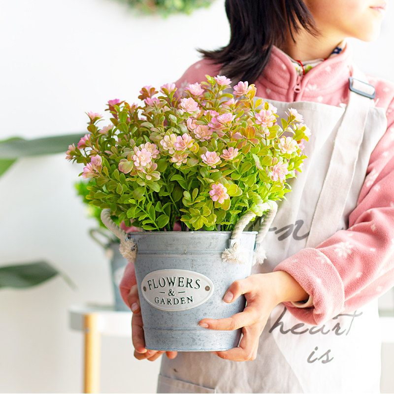 北欧ins彷真植物花艺小盆栽家居客厅装饰假花小摆件铁皮花桶绿植