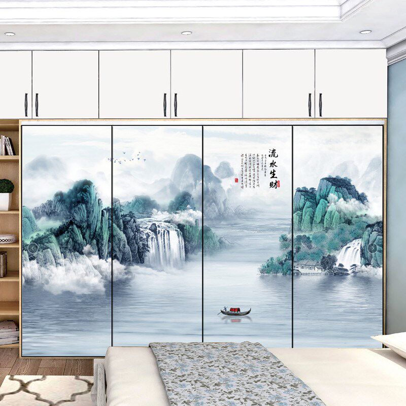 新中式彩绘推拉门中国风衣柜门定制水墨山水画移门壁柜门衣橱门