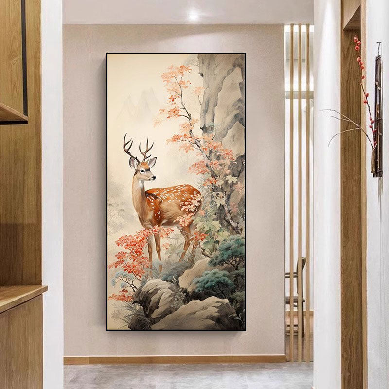 一路平安梅花鹿装饰画客厅新中式动物风景玄关小鹿挂画寓意好大气