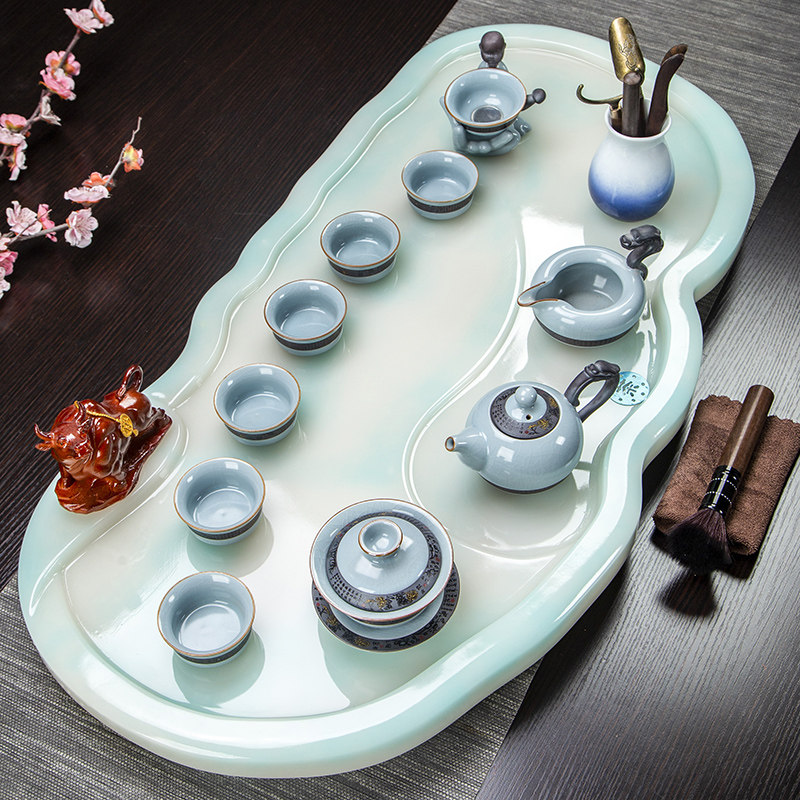 家用高端整块玉石茶盘套装轻奢简约琉璃茶具家用茶海玻璃功夫茶台