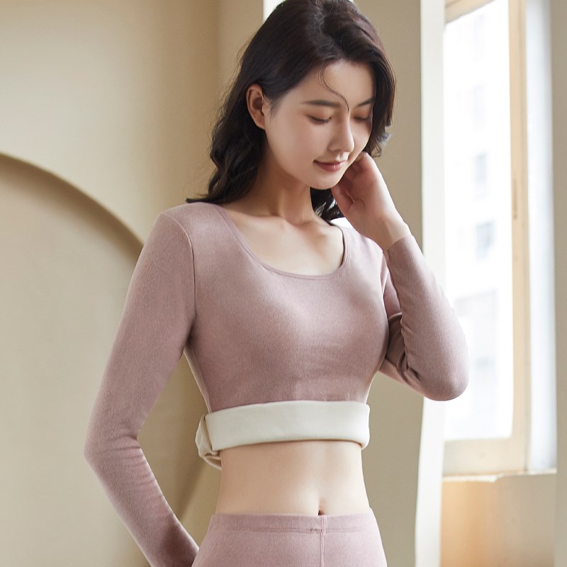 德绒发热衣女士自发热套装秋衣卫生裤上衣加绒一体带胸垫打底衫冬