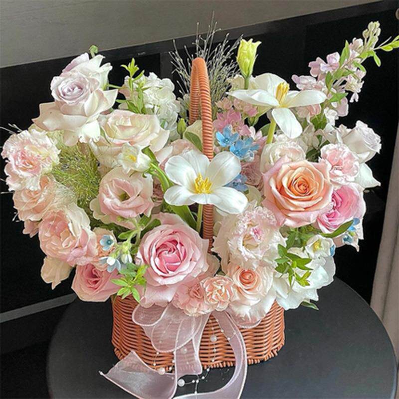 ins风手提花篮粉色白色玫瑰混搭仿真永生花花束生日礼物朋友闺蜜